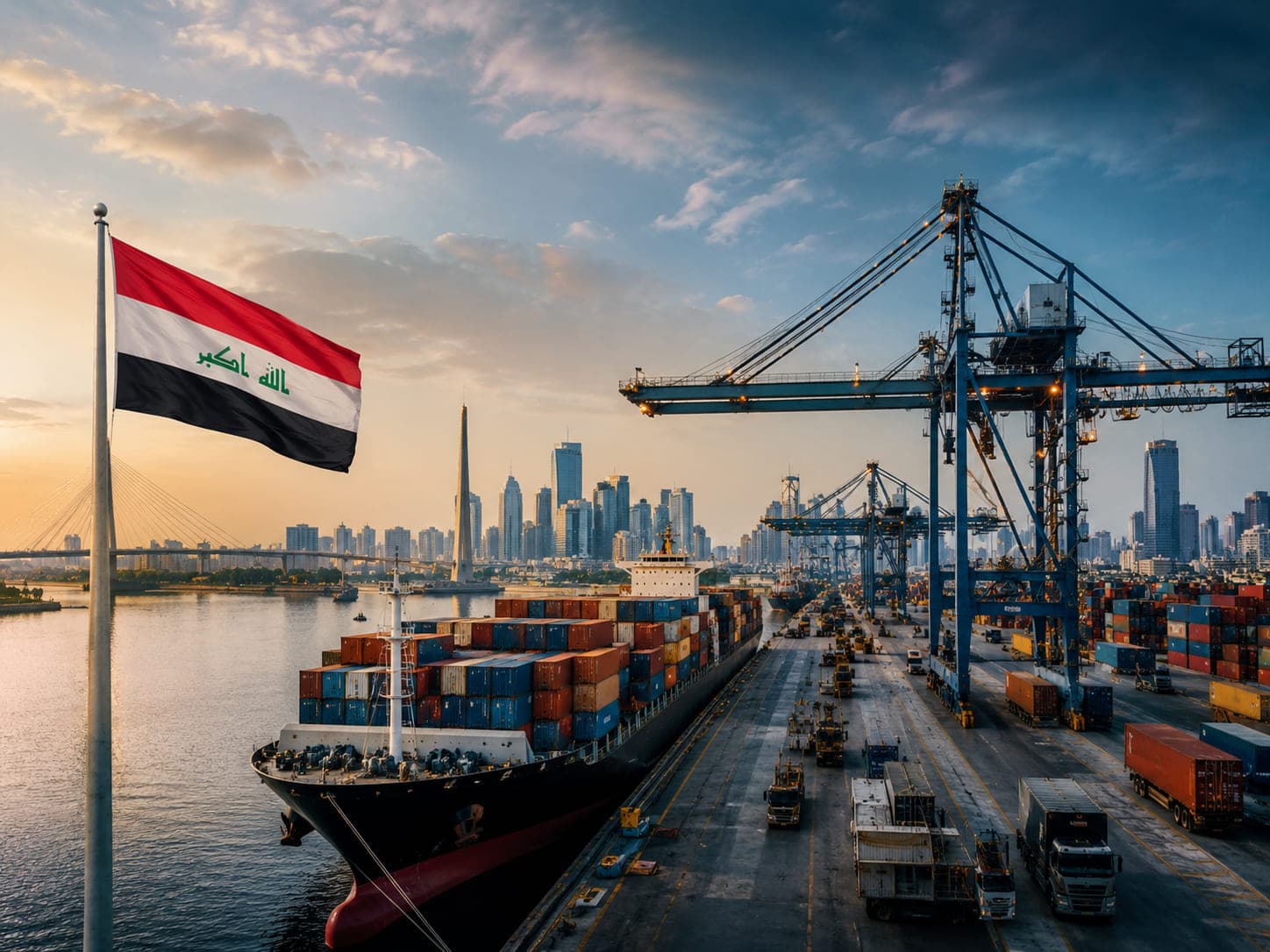 ميناء تجاري عراقي وسفينة حاويات يرفرف قربها العلم العراقي