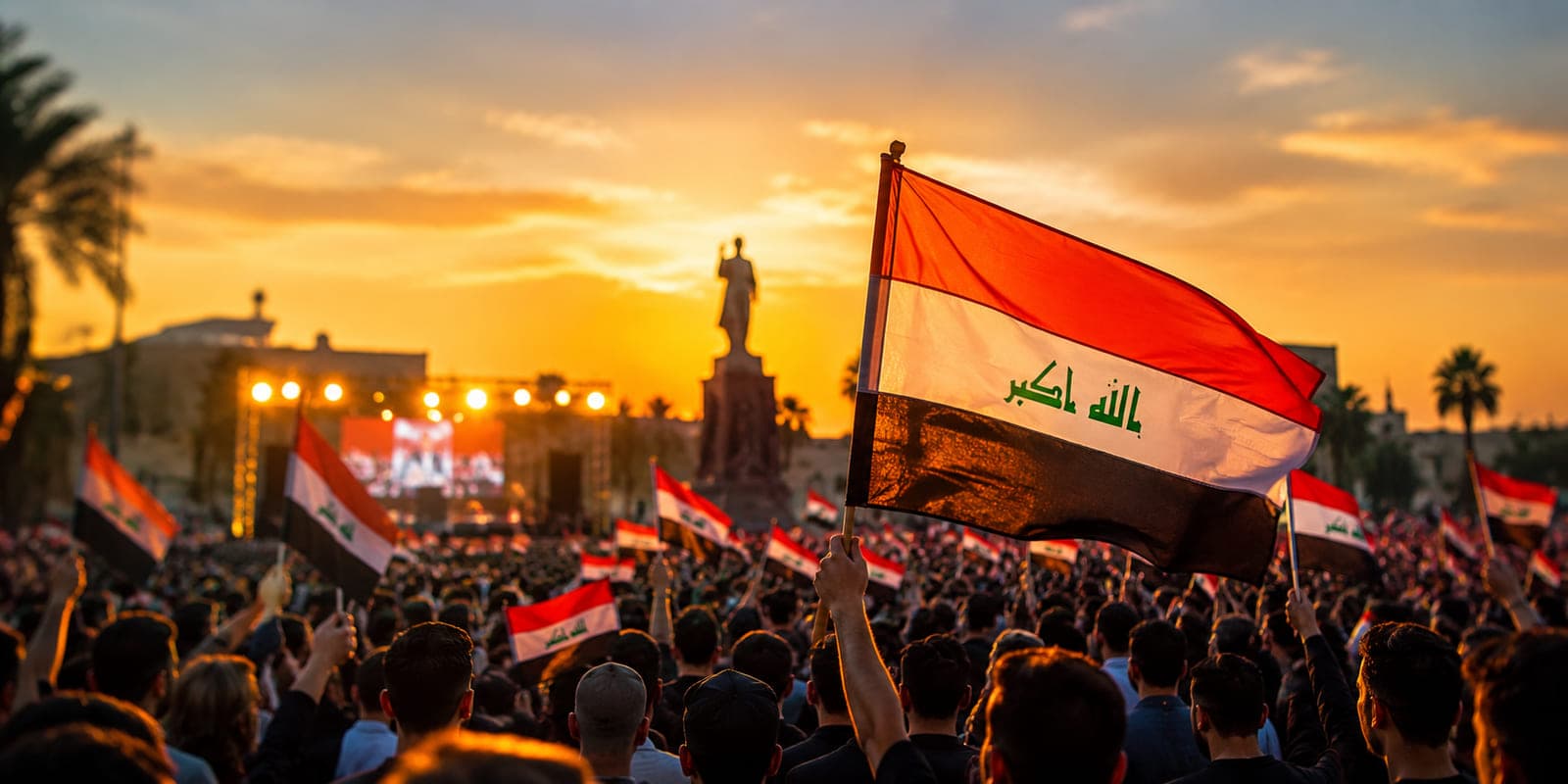 شباب عراقيون يرفعون أعلام العراق في تجمع وطني